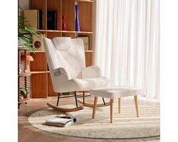 Fauteuil – Schommelstoel – Relaxstoel – Zithoekstoel – Lounge Fauteuil – Met Voetenbank – Memory Foam Zitting – Massief Houten Frame – Wit