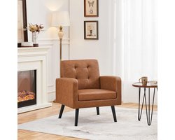Fauteuil Stoel Bruin - Comfortabele Lounge Stoel - Ergonomisch Design met Armleuningen - Kunstleer & Houten Frame - Voor Woonkamer Slaapkamer Leeshoek - Relaxstoel Vintage Design