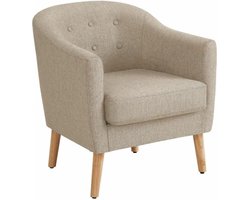 Fauteuil, stoel met stoffen accent, zitting met gewatteerde zitting, massief houten poten, voor woonkamer, eetkamer, logeerkamer, kantoor, beige door