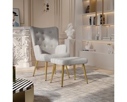 Fauteuil, Vleugelstoel met kruk, Gestoffeerde fauteuil, Moderne relax fauteuil voor de woonkamer, Teddy fluwelen lounge stoel, Zeer elastisch schuim Kleine lichtgrijs fauteuil