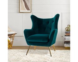 Fauteuil – Wing Chair – Lounge Stoel – Leunstoel – Leesstoel – Fluwelen Bekleding – Gouden Metalen Poten – Comfortable Lounge Chair – Geschikt Voor Woonkamer En Slaapkamer – Teal Kleur