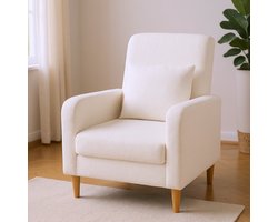 Fauteuil – Zithoekstoel – Lounge Stoel – Bijzetstoel – Leesstoel – Teddy Fleece Bekleding – Rubberhouten Poten – Incl. Lendenkussen – Modern Design – Wit