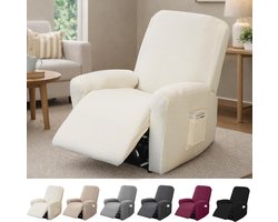Fauteuilhoes, Elastische Stoelhoezen Met Zakken, Complete Gestreepte Jacquard Beschermhoes Voor Tv Fauteuil En Relax Fauteuil (Beige, 4-Delig)