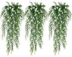 Faux Hangplanten 3 Pack - Opknoping Greenery Outdoor Kunstmatige wijnstokken voor buiten - Hangplanten met bloemen - Kunstmatige Hangplanten Indoor Outdoor Wand Tuin Wedding Interieur Decoratie (wit)