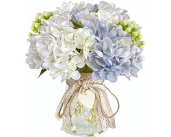 Faux hortensia's in glazen vaas - blauw wit - tafeldecoratie voor bruiloft, kantoor, woonkamer