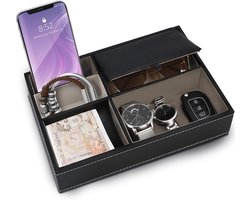 Faux Leather 5 Compartments Valet Bedside Organizer Tray – Desk Storage Box For Trade Show, Phone, Keys, Jewelry, Accessories, Money, Bracelets – Catcher Next to the Bed，zwart