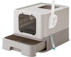 Feandrea Kattenbak met deksel, uitschuifbare bak, schep, borstel, ruim voor katten tot 15 kg, minder sporen, lekvrije bodem, havermout warmgrijs PPT001G01