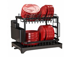 Fedec Afdruiprek 2 Laags met Bestekbak en Lekbak - Metaal - 42 x 29 x 29 cm - Zwart