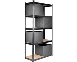 Feel Furniture - Schroefloos Opslagrek - 5 lagen - met 4 Grijze Boxen - Zwart