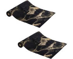 Feeric lights & Christmas Decoratie stof/tafelloper - 2x - zwart - katoen/polyester - 300 x 28 cm - marmer look