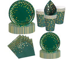 Feest Servies, 50 Stuks Donkergroen en Goud Papieren Borden Kinderfeestje Set met Wegwerp Papieren Borden, Servetten & Bekers voor Verjaardagen, Barbecues, Picknicks en Feesten