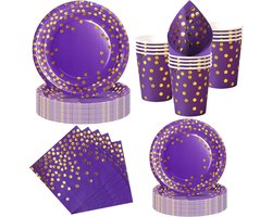 Feest Servies, 50 Stuks Lila-Gouden Papieren Borden Kinderverjaardagsset met Wegwerp Papieren Borden, Servetten en Bekers voor Verjaardagen, Barbecues, Picknicks en Feesten