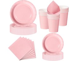 Feest Servies, 50 Stuks morandiroze en Groen Papieren Borden Kinderfeestje Set met Wegwerp Papieren Borden, Servetten & Bekers voor Verjaardagen, Barbecues, Picknicks en Feesten