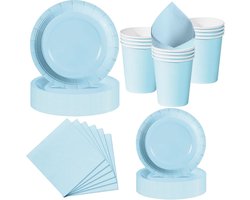 Feest Servies - 50 Stuks Papieren Borden Kinderfeestje - Wegwerp Bekers en Servetten voor Verjaardagen - Barbecues - Picknicks - Feesten - morandiblauw en zilver