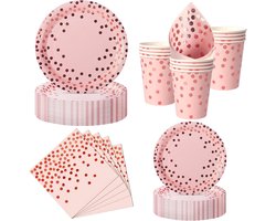 Feest Servies, 50 Stuks Roze en Roze-Gouden Papieren Borden Kinderverjaardagsset met Wegwerp Papieren Borden, Servetten en Bekers voor Verjaardagen, Barbecues, Picknicks en Feesten