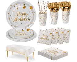 Feestelijk Servies 20 Personen Wit/Goud – Papieren Borden, Beker, Servetten, Rietjes, Bestek en Tafelkleed