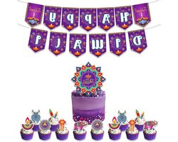 Feestelijke Decoratie voor Diwali Festival - Paarse Hangende Banner en Cake Toppers voor Hindoe Feest - India Festival met  - Lichten Deepavali Feestbenodigdheden