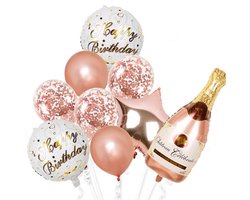 Feestelijke Verjaardag ballonnen Set - 9 kleurrijke items - Feest Versiering - Champagnefles Ballon - Roze Witte Versiering - Happy Birthday Ballonnen - Feest Decoratie - 18 Jaar - Verjaardag Decoratie Ballon Set - Vrijgezellen Ballon - Fienosa