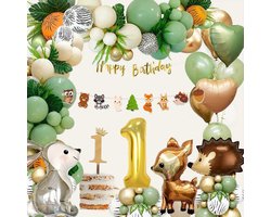 FeestmetJoep® 64-delig feestpakket Jungle 1 jaar verjaardag - Jungle thema feestje 1 jaar - Jungle versiering - Jungle feestartikelen - Jungle slinger - Jungle ballonnen - Jungle kinderfeestje - Dieren verjaardag versiering