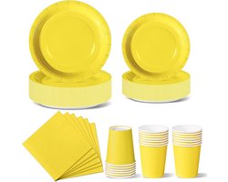 Feestservies Set voor 24 Personen - 96 Stuks Gele Wegwerpborden, Papieren Kopjes en Servetten voor Barbecues en Picknicks