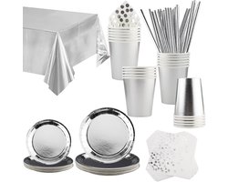 Feestservies Set - Wegwerpborden Bekers - Feestelijke Gelegenheid - Elegant Zilver Design - 121 Delen - Zilver