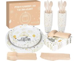 Feestset voor 25 gasten - Papieren borden en bestek - Crèmewit - Verjaardagsfeest benodigdheden