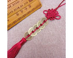 Feng Shui Hanger Met Chinese Knoop En Koperen Geluksmunten - Decoratie Voor Rijkdom Succes En Positieve Energie - Bordeauxrode Woonaccessorie Voor Huis Kantoor En Cadeau