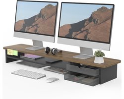 FENGE Monitor verhoger - Bureau organizer - Extra breed voor twee schermen - Met 2 verschuifbare acryl lades - Bruin