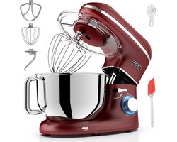 Fentic Keukenmachine - 2000W - RVS Mengkom (6,2 L) - Keukenrobot - Foodprocessor - Mixer met Garde, Deeghaak en Menghaak - Incl. Beschermhoes en extra Accessoires - Mat rood