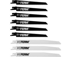 FERM - RSA1001 - Reciprozaagbladenset - 9 Stuks: - 3x - Hout grof - 150mm - HCS - & - 3x Hout fijn - Kunststof - 150mm - HCS - & - 3x Metaal - 200mm - HSS - Bi-metaal Universeel gebruik - Complete set