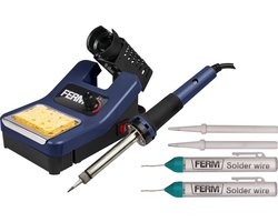 FERM - SGM1013 - Soldeerstation - 48W - Instelbare temperatuur - 160°C - 480 °C - Mica element - Snel heet - Oververhittingsbescherming - Lade voor accessoires - Inclusief - Punt tip - Platte tip - Soldeerdraad - Spons - Soldeerbout - Standaard