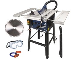 FERM - TSM1033 - Zaagtafel - 250mm - 1800W - Op - Onderstel - Uitschuifbaar aluminium werkblad - In hoogte en hoek verstelbaar zaagblad - Incl. - TCT T40 250mm zaagblad - Verstek geleider - Parallel geleider - Duwstok - Veiligheidsbril