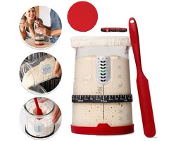 Fermentatie Pot Van Glas - 1000 ml Zuurdesem Starter Pot Met Siliconen Spatel Thermometer En Slimme Voedingsherinnering Dubbele Deksels, Trechteropening - Rood