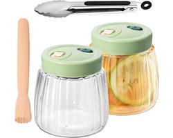 Fermentatieglas met dubbele klep + tang en fermentor - 2 liter luchtdichte glazen potten - kimchi-container - fermentatietank