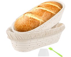 Fermentatiemandjes - Set van 2 - Broodfermentatiemandjes - 25x15x8,5 cm - Ovale broodfermentatiemandjes - Rietmandjes - Inclusief deegschraper en siliconenborstel - Geschikt voor het fermenteren van zelfgebakken brood en brooddeeg
