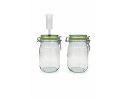 FERMentatiepot met waterslot set - set van 2 potten van 1140ml - 1 pot met waterslot voor actieve fermentatie - 1 pot zonder waterslot voor narijping - met 2 FERMentatieklemmen - 2 unieke groene FERMentatieringen