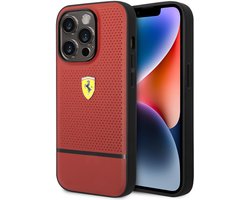 Ferrari Back cover - iPhone 14 Pro - Rood - Real Leather - Geperforeerd Design