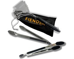Fienosa Geschenkset BBQ Accessoires set - BBQ Borstel - BBQ tang RVS - BBQ tang Siliconen - Set van 3 - Keukentang - Barbecue Accessoires - Salade tang – Barbecue tang - Combinatie BBQ accessoires - Voordeelpakket - BBQ tangen set