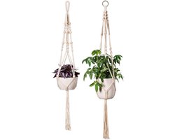 Fienosa - Hangpot - Plantenhanger - Plantenhanger Macrame - Set van 2 - Wit - Knopen - Luxe Gevlochten Touw - met witte Ophang haken -Plantenpothanger
