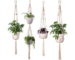 Fienosa - Hangpot - Plantenhanger - Plantenhanger Macrame - Set van 4 - Wit - Knopen - Luxe Gevlochten Touw - met witte ophang haken