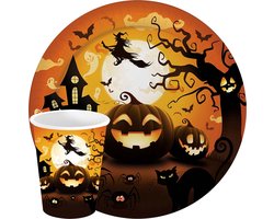 Fiestas Halloween/horror pompoen feest servies - borden en bekers - 24x - zwart- papier