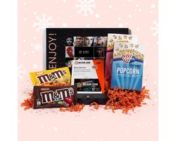 Filmpakket - Filmbox cadeau met Jimmy's popcorn, M&Ms, filmcadeaukaart voor een mooi avondje thuisbios - met persoonlijk bericht - Kerstcadeau
