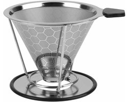 Filter voor filterkoffie - Conisch koffiefilter van roestvrij staal - Koffiezetapparaat voor één kopje - Met antislip kopjeshouder - Herbruikbaar filter zonder papier - Geschikt voor medium gemalen koffie - Geoptimaliseerde extractie - Zilver
