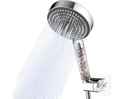 Filtered douchekop met 6 spuitstanden, waterbesparend ontwerp, inclusief 1,6 m slang en wandbeugel, helder handvat met grijze deksel, chroomafwerking