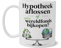 Financiële Dilemma Mok - Hypotheek aflossen of extra wereldfonds bijkopen - FIRE Beleggen - Grappige Koffiemok met Tekst - Thuiswerkplek Koffiebeker met Dubbelzijdige Print