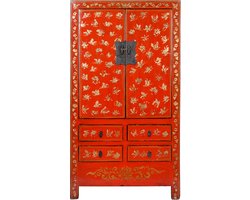 Fine Asianliving Antieke Chinese Bruidskast Rood Goud Handgeschilderd B105xD50xH188cm Chinese Meubels Oosterse Kast