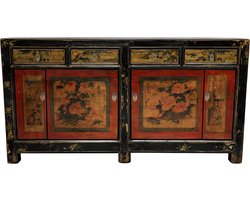 Fine Asianliving Antieke Chinese Dressoir Rood Handgeschilderd Bloemen B164xD40xH81cm Chinese Meubels Oosterse Kast
