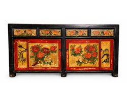 Fine Asianliving Antieke Chinese Dressoir Zwart Rood Pioenrozen Handgeschilderd B167xD40xH87cm Chinese Meubels Oosterse Kast