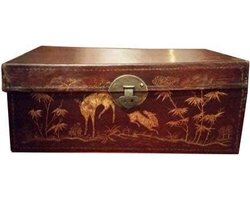 Fine Asianliving Antieke Chinese Kist Leer met Gouden Schilderingen Handbeschilderd Chinese Meubels Oosterse Kast
