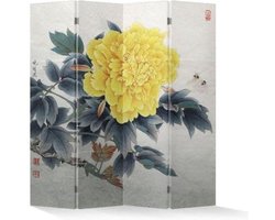 Fine Asianliving Chinees Kamerscherm Oosters Scheidingswand B160xH180cm 4 Panelen Pioen Geel